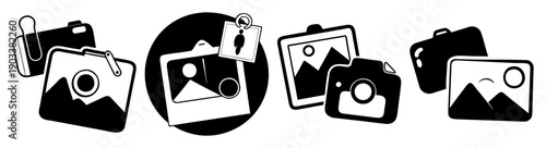 Set of vintage black and white retro cameras flat lay minimalist design icons