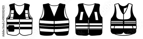 Set of four reflective safety vests isolated on white background for workplace protection