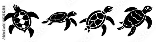 Four cartoon sea turtles swimming in ocean vector illustration black and white line art