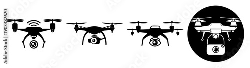 Fleet of surveillance drones flying in formation over city skyline at night with LED lights