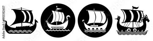 Viking ship icons set black white line art vector illustration maritime history