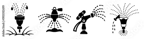 Water sprinkler irrigation system vector icons set with plants and soil growth stages for agriculture