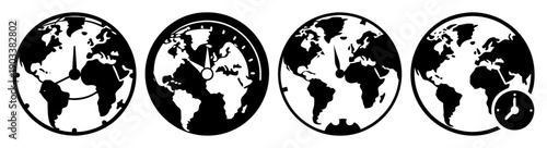 World map clock time zones vector illustration black white global business travel