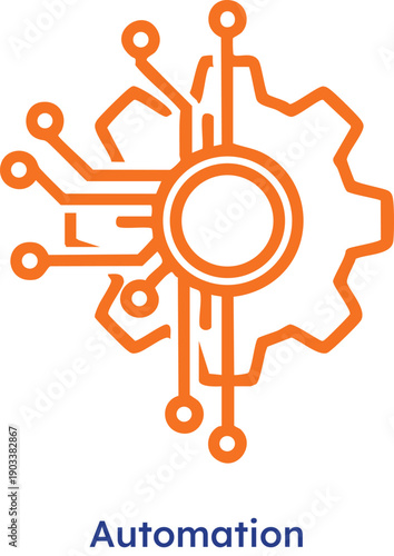 Automation concept with a gear and circuit board design in orange on a white background