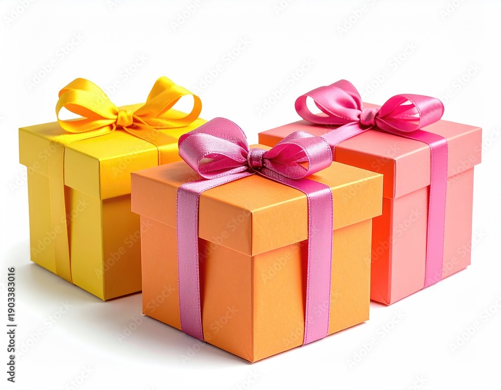 Obraz premium Three vibrant wrapped gift boxes with silk bows