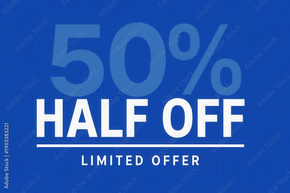 Obraz premium Half off with 50% discount limited offer banner, modern sleek style, compelling retail sale promo.