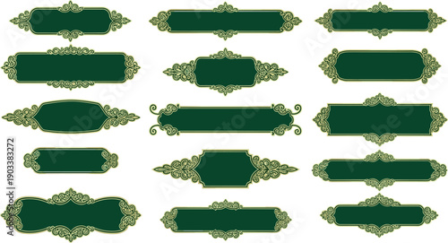 Ornate labels set with gold filigree vector. Elegant vintage frame Retro green badges