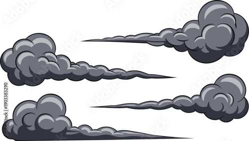 smoke trails set vector exhaust effect. cloud collection for action and motion design. Cartoon 