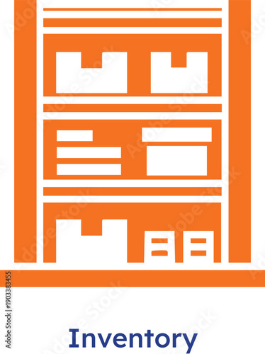 Inventory management system with orange and white shelves and shelves for stock and stockroom