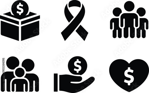 Charity cartoon icons, editable vector clipart, donation box, awareness ribbon, community group, family support, giving hand, heart dollar, stylized design
