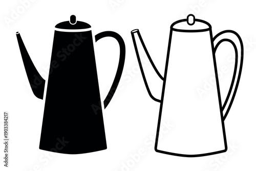 Coffee pot for brewing coffee icon. Black, white silhouette coffee pot full of coffee, isolated on white background. linear illustration, logo for coffee shop, hand drawn artwork