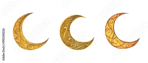 Watercolor ramadan crescent moon illustration, ramadhan kareem mubarak greeting, golden lantern celestial night, Islamic muslim religious celebration, middle eastern art.