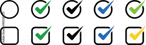 Checkmark cartoon icons, editable vector clipart, circular outline, square outline, colorful tick, selection symbol, completion, approval, stylized design