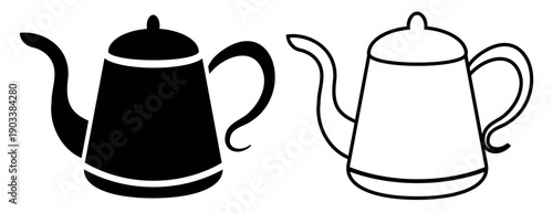 Coffee pot for brewing coffee icon. Black, white silhouette coffee pot full of coffee, isolated on white background. linear illustration, logo for coffee shop, hand drawn artwork