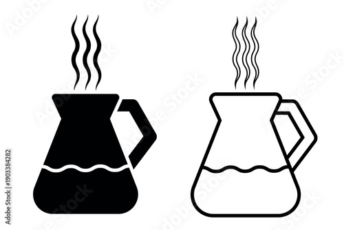 Coffee pot for brewing coffee icon. Black, white silhouette coffee pot full of coffee, isolated on white background. linear illustration, logo for coffee shop, hand drawn artwork