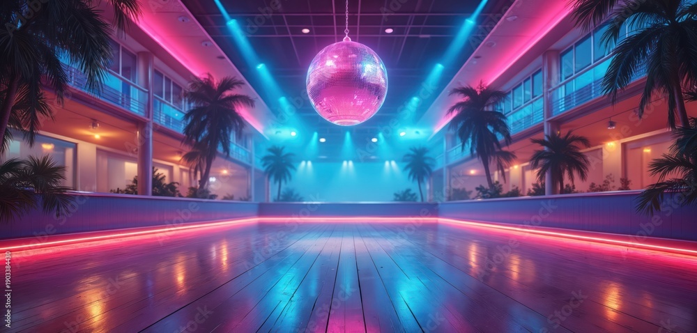 Obraz premium Retro roller disco interior with disco ball and neon lights. Palm trees line the walls. Colorful atmosphere for skating parties and 80s themed events.