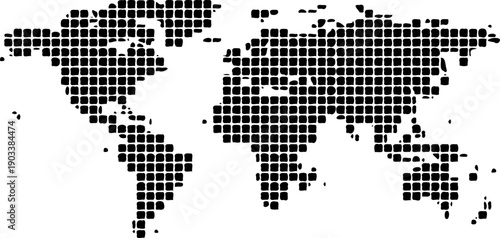 A black pixelated world map on a transparent background silhouette