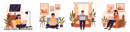 Flat vector illustration set of people working on laptops in cafés and home-office settings in a cozy modern cartoon style.