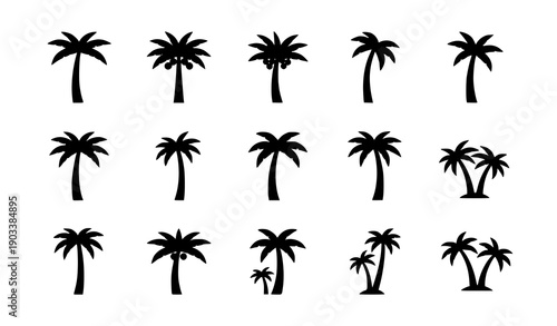 Minimal palm tree icon set vector with fruit and non fruit tropical tree symbols isolated on white background for signage and UI