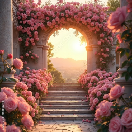 Stone archway covered with pink roses leads to stairs overlooking a valley at sunset. Rich floral garden with blooming roses creates a romantic atmosphere. Peaceful landscape view with mountain range.