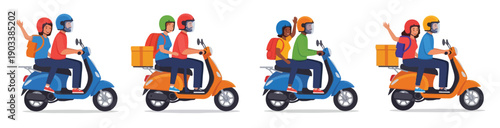 Flat vector illustration set of people riding scooters and motorcycles for urban transportation in a modern cartoon style.