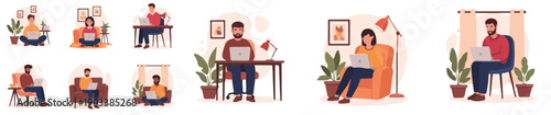Flat vector illustration set of people working on laptops in cafés and home-office settings in a cozy modern cartoon style.