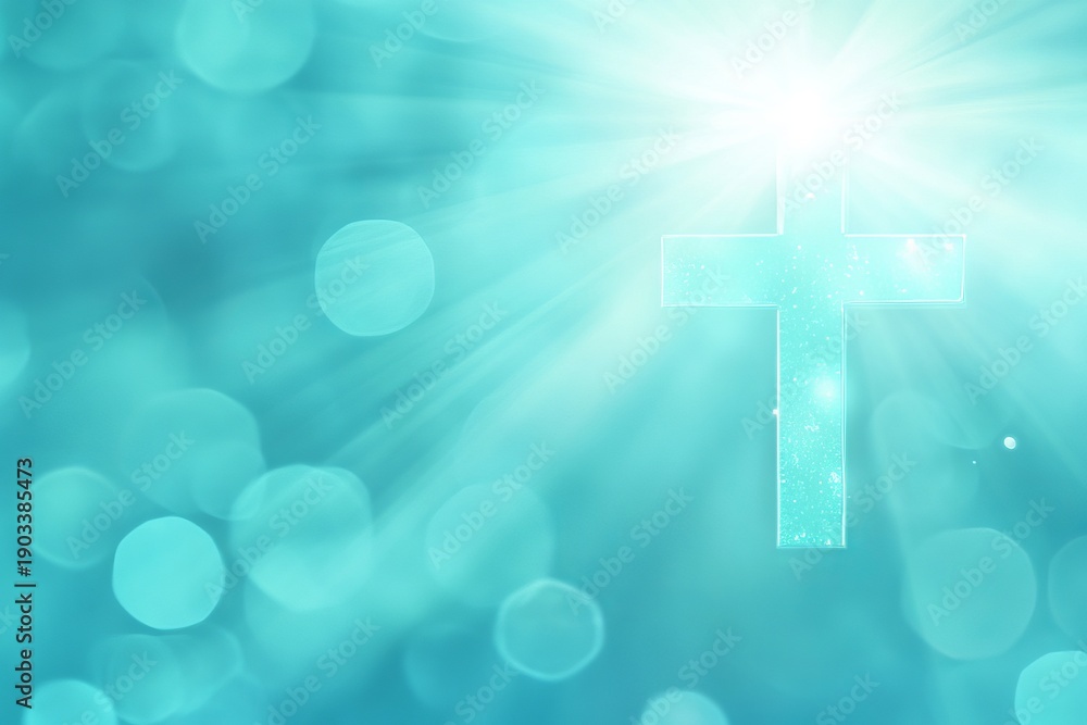 Obraz premium Radiant Christian Cross Surrounded by Light Rays and Bokeh Effects, Symbolizing Hope and Faith
