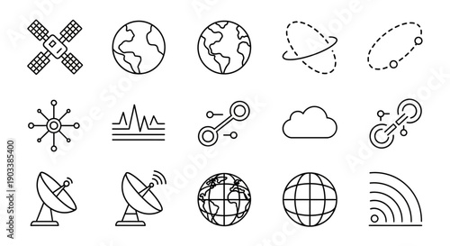 Black line icons of satellite communications.