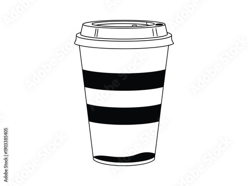 Simple black and white illustration of a disposable coffee cup with a lid and horizontal stripes