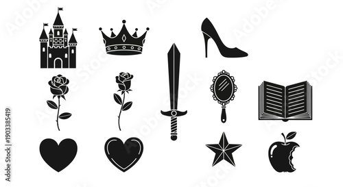 Black silhouette heart star sword crown.