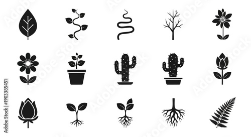 Black silhouettes of various plant types.