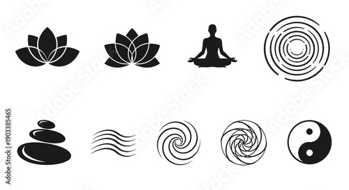 Black silhouette meditation spiritual symbols.