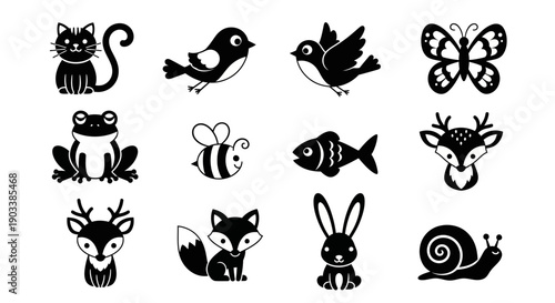 Black silhouettes of various forest animals.