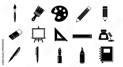 Collection of art supplies icons.