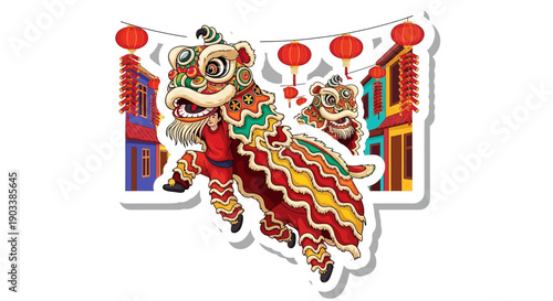 Vibrant lion dance performance unfolds in a street adorned with traditional lanterns and buildings.