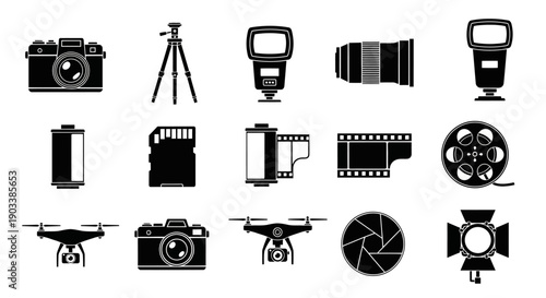 Collection of camera and photography equipment.