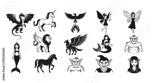Collection of fantasy mythical creatures icons.