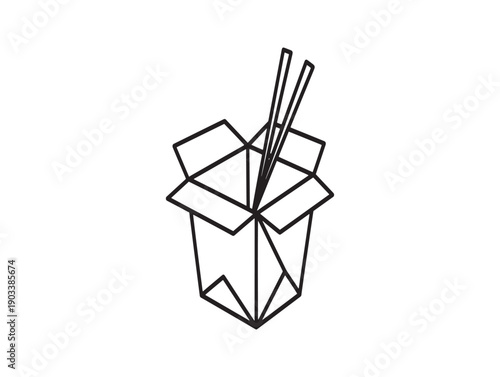 A simple line drawing of a takeout container with chopsticks
