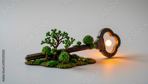 A small diorama with a whimsical garden scene featuring a key in the shape of a house, surrounded by tiny plants and trees, evoking a fantasy like atmosphere