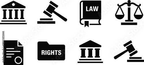 Law and justice icons with courthouse, gavel, law book, scales, rights folder, and legal document symbols, professional legal system graphics for rights and fairness design