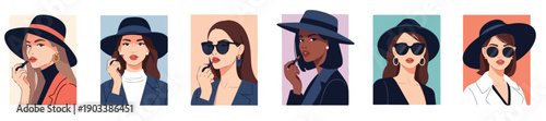 Flat vector illustrations set of elegant, fashionable women wearing stylish outfits and makeup, posing confidently in a modern, minimalist fashion style.