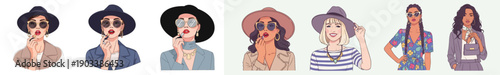 A flat vector illustration set featuring stylish, elegant women with fashionable outfits and makeup, confidently posed in a modern, minimalist fashion aesthetic.