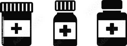 Medicine bottle cartoon icons, editable vector clipart, pharmaceutical silhouette, healthcare supply, medical cross label, drug container, stylized design