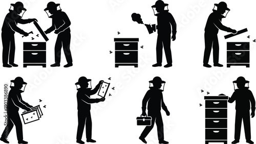 Beekeeper Silhouette Set Working with Beehive Vector