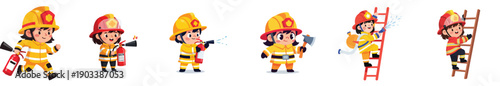 flat vector illustrations set of child firefighters wearing uniforms and helmets, shown in action with firefighting tools in a playful, kid-friendly style