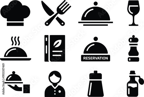 Restaurant cartoon icons, editable vector clipart, chef hat, fork knife, serving dish, wine glass, reservation, condiments, server, stylized