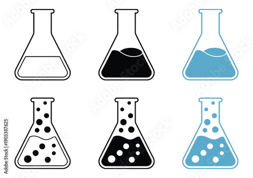 Chemical Laboratory Icon set with flask, beaker, test tube symbols, science research chemistry experiment vector illustration.