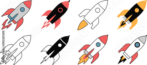Rocket cartoon icons, editable vector clipart, colorful spaceship silhouettes, launch flames, space travel, startup symbol, exploration, stylized design
