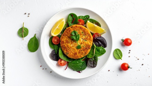 Plate of food patty on greens, tomatoes, lemon