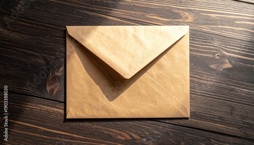 Closed tan envelope on dark wood, shadowed by light